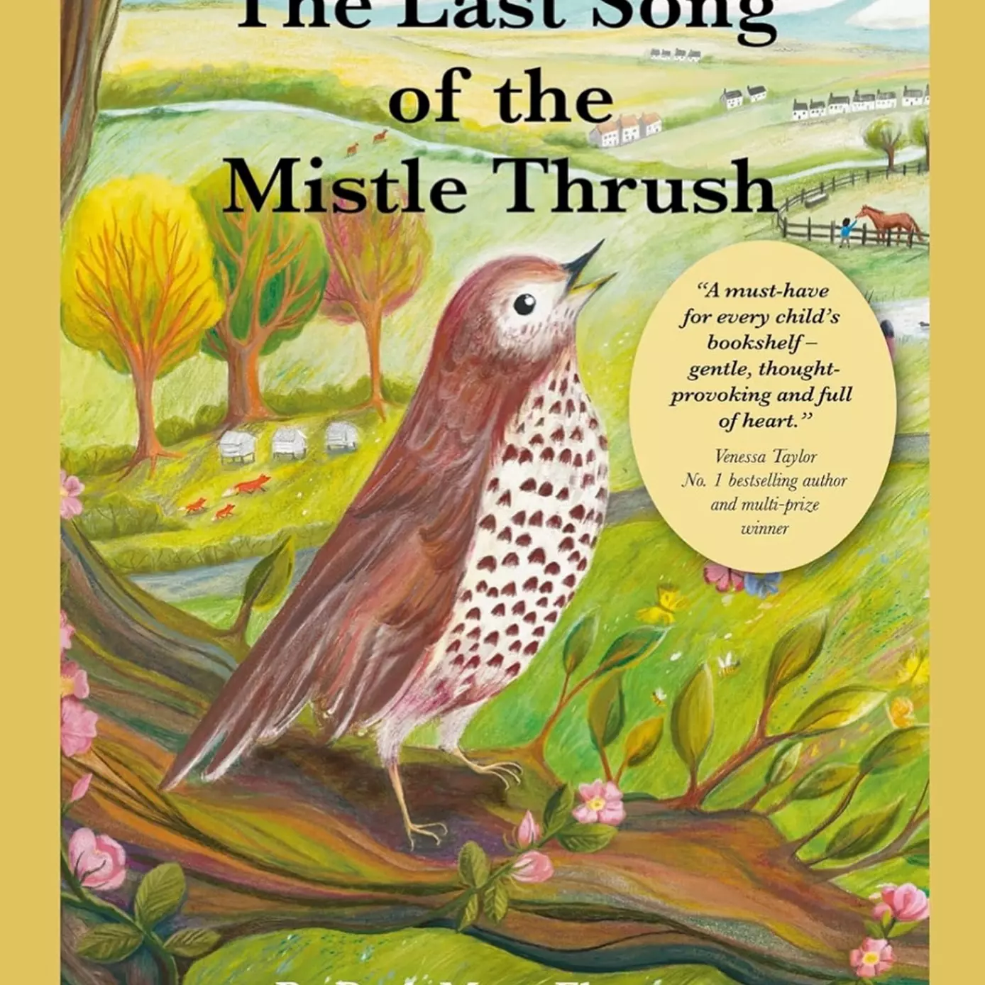 An illustration of a mistle thrush bird, singing on the branch of a tree. This is a book cover illustration 